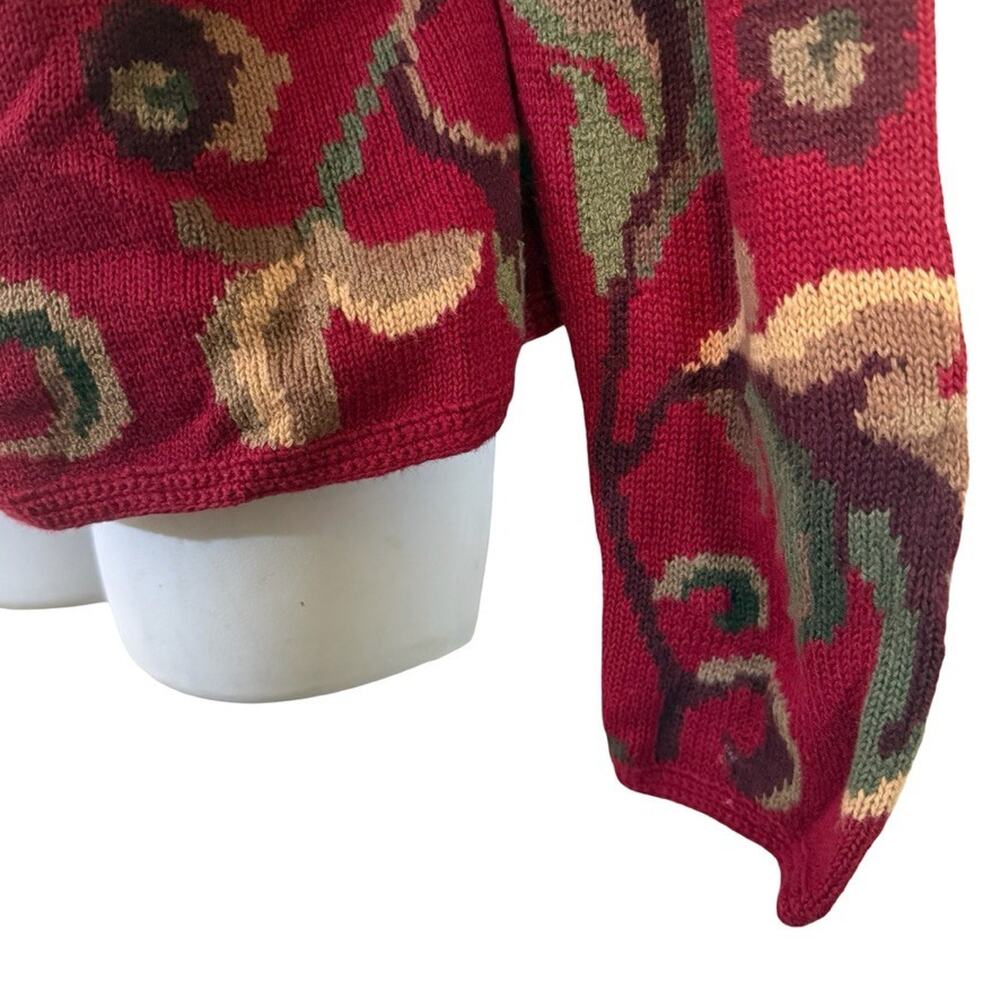Talbots Red Leaf Design Cotton & Ramie Blend Zip Up Cardigan Sweater sz Large - Picture 8 of 16